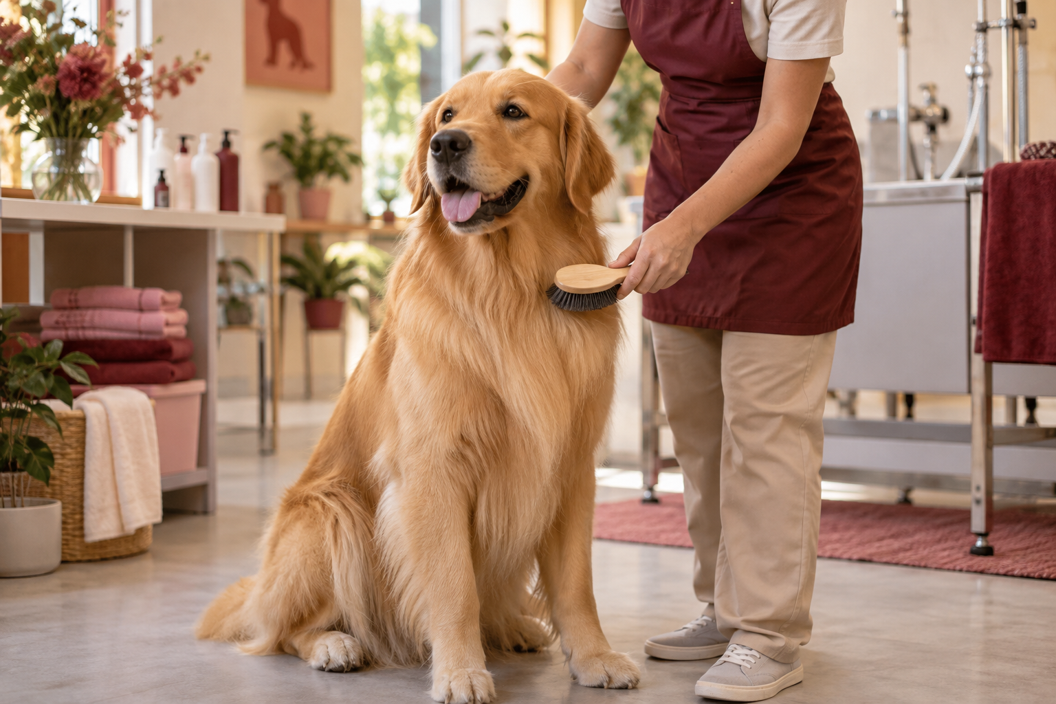 Golden Retriever recebendo escovação profissional com delicadeza