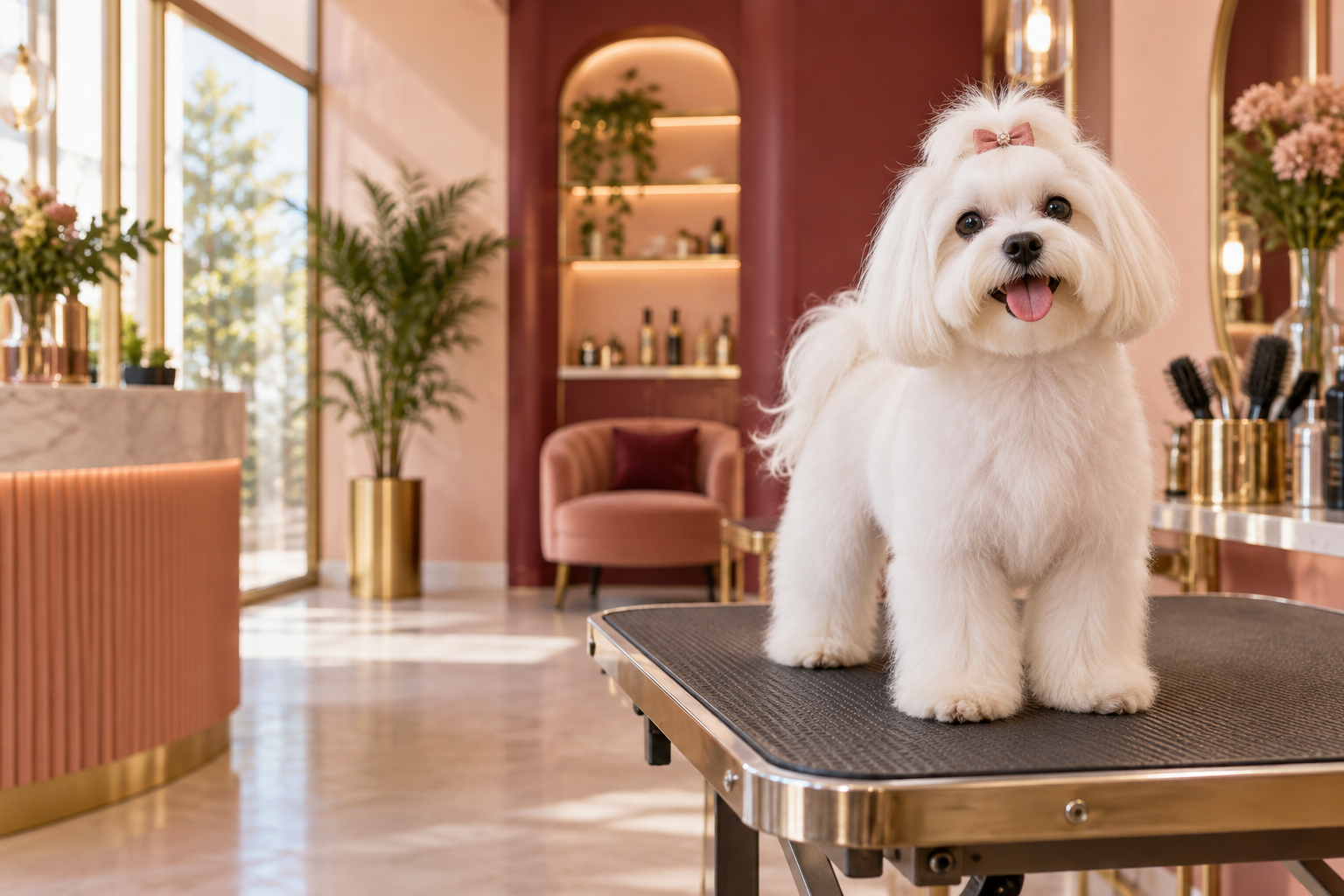 Cão branco recém-tosado em um salão de estética canina acolhedor